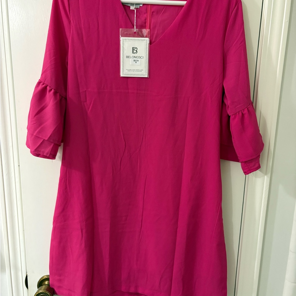 BelongSci Pink Dress with Ruffle Sleeves